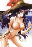  :d armband asuka_keisuke bandeau beach bikini blue_eyes breasts cleavage copyright_request covered_nipples day flower hat hibiscus highres kneeling large_breasts long_hair navel open_mouth outdoors purple_hair sandals side-tie_bikini smile solo straw_hat sun_hat swimsuit very_long_hair water 