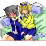  :d ^_^ artist_request bangs bed bed_sheet black_hair blanket blue_eyes blue_skirt blush closed_eyes kneehighs kurusu_yuzuko long_sleeves momotsuki_gakuen_school_uniform multiple_girls nose_blush on_bed open_mouth pani_poni_dash! pillow pleated_skirt sailor_collar school_uniform serizawa_akane sitting skirt smile socks wariza white_legwear yellow_sailor_collar 