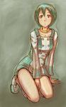  boots buttons collarbone dress eureka eureka_seven eureka_seven_(series) full_body green_background green_hair hair_between_eyes jewelry kneeling long_sleeves looking_at_viewer neck_ring pomo_rosso red_eyes short_hair simple_background solo 