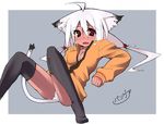  animal_ears arm_support black_legwear brown_eyes cat_ears cat_tail copyright_request fallen_down jacket long_sleeves lying on_back pangea panties pantyshot pantyshot_(lying) solo tail tan tears thighhighs underwear white_hair white_panties 