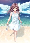  barefoot beach brown_eyes brown_hair day flat_chest hiroyama_hiroshi holding holding_shoes long_hair original outdoors shoes shoes_removed smile solo wings 