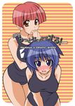  artist_request bangs blue_hair blush breasts brown_eyes cameltoe collarbone hand_to_own_mouth large_breasts leaning_forward looking_at_viewer miyata_akira multiple_girls nose_blush one-piece_swimsuit pani_poni_dash! pink_hair red_hair school_swimsuit serizawa_akane short_hair simple_background skin_tight striped striped_background swimsuit tears thigh_gap 