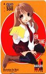  asahina_mikuru glasses itou_noiji long_sleeves lowres phonecard scan school_uniform solo suzumiya_haruhi_no_yuuutsu thighhighs 