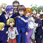  6+girls artist_request blonde_hair chie_rumiko cosplay crossover everyone furude_rika green_hair higurashi_no_naku_koro_ni houjou_satoko houjou_satoshi kasai_tatsuyoshi long_sleeves lowres maebara_keiichi multiple_boys multiple_girls oekaki ryuuguu_rena siblings sisters sonozaki_mion sonozaki_shion takano_miyo tsukihime twins 