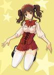  brown_eyes brown_hair garter_straps glasses headdress kazu kikuko_(kazu) kneeling long_sleeves original solo thighhighs twintails waitress white_legwear zettai_ryouiki 