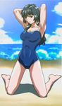  armpits arms_up beach breasts day kneeling large_breasts one-piece_swimsuit onegai_teacher onegai_twins oribe_tsubaki outdoors school_swimsuit screencap solo swimsuit 