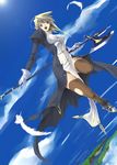  blonde_hair blue_eyes cloud copyright_request day elf fantasy feathers halberd highres hino_akira long_sleeves open_mouth pointy_ears polearm sky solo thighhighs weapon 