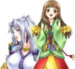  arshtat_falenas blue_eyes breasts brown_hair covered_nipples detached_sleeves earrings gensou_suikoden gensou_suikoden_v happy iyou japanese_clothes jewelry large_breasts lipstick long_hair long_sleeves lymsleia_falenas makeup mother_and_daughter multiple_girls necklace orange_eyes silver_hair yukkyun 
