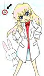  angry artist_request bad_anatomy blonde_hair head_tilt labcoat legs long_hair long_sleeves mesousa pani_poni_dash! pointing rebecca_miyamoto simple_background solo teardrop 
