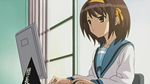  brown_hair computer danchou_pyramid kita_high_school_uniform school_uniform screencap short_hair solo suzumiya_haruhi suzumiya_haruhi_no_yuuutsu 