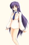  :d bare_legs blue_hair bra brown_eyes detached_sleeves head_tilt lingerie long_hair long_sleeves looking_at_viewer necktie open_mouth ryp simple_background smile solo standing tsuyokiss underwear very_long_hair white_bra yashi_nagomi yellow_background 