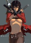  black_gloves blue_eyes breasts brown_hair coat dante_(devil_may_cry) devil_may_cry dual_wielding ebony_&amp;_ivory fingerless_gloves genderswap genderswap_(mtf) gloves grin gun handgun holding holding_gun holding_weapon jacket jewelry large_breasts long_sleeves midriff navel necklace nekkeau open_clothes pistol rebellion_(sword) red_coat red_jacket shell_casing short_hair smile solo strap torn_clothes underboob weapon zipper 