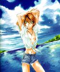  arms_behind_head cloud day denim denim_shorts front-tie_top green_eyes jewelry kurosaki_hisoka male_focus matsushita_yoko midriff navel necklace open_clothes open_shirt orange_hair outdoors shirt short_shorts shorts sky solo tied_shirt water yami_no_matsuei 