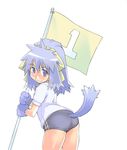  ass blue_eyes blue_hair bow buruma cowboy_shot double_vertical_stripe flag gloves gym_uniform holding holding_flag inu-t long_hair looking_at_viewer number numbered_flag os-tan paw_gloves paws short_sleeves simple_background smile solo takeda_sun white_background yellow_bow 