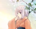  flower hand_on_own_cheek japanese_clothes kimono long_sleeves lowres original plant purple_eyes sash silver_hair simple_background smile solo tree_branch upper_body yellow_background yukitarou_(awamori) 