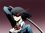  bad_id bad_pixiv_id breasts durarara!! glasses glowing glowing_eyes hana_azuki large_breasts red_eyes short_hair solo sonohara_anri spoilers sword weapon 