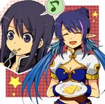  1girl :q azbean bad_id bad_pixiv_id black_hair blue_hair closed_eyes food fork judith long_hair lowres musical_note pointy_ears red_background smile tales_of_(series) tales_of_vesperia tongue tongue_out yuri_lowell 