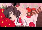  alternate_hairstyle black_hair brown_eyes food fruit holding holding_food holding_fruit k-on! letterboxed listen!! long_hair lying misa_(mikarin) nakano_azusa polka_dot side_ponytail solo strawberry 