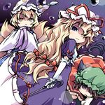  animal_ears bow cat_ears chen closed_eyes fox_tail hair_bow ham_(points) hat long_hair looking_at_viewer low-tied_long_hair lowres mob_cap multiple_girls multiple_tails nekomata purple_eyes smirk tail touhou two_tails yakumo_ran yakumo_yukari 