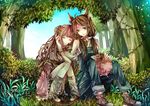  animal_ears bad_id bad_pixiv_id blue_eyes brown_hair closed_eyes forest highres multiple_girls nature original overalls sheep sitting smile tsukioka_tsukiho 