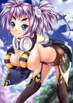 amasora_taichi blue_eyes blush breasts cleavage goggles goggles_around_neck koihime_musou large_breasts leaning_forward purple_hair riten smile solo striped thighhighs tools 