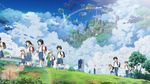  backpack bag balloon cityscape cloud commentary_request day floating_city floating_island grass highres isai_shizuka lens_flare multiple_girls original outdoors power_lines rainbow scenery school_uniform sky tree water waterfall 