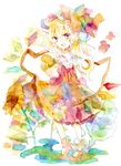  ankle_lace-up blonde_hair colored_eyelashes colorful cross-laced_footwear dress dress_lift eyelashes flandre_scarlet flower hat high_heels legomaru long_hair open_mouth purple_eyes shoes side_ponytail smile solo standing sunflower touhou traditional_media watercolor_(medium) wings wrist_cuffs 