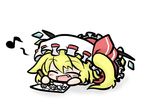  :d ^_^ blonde_hair blush bow chibi closed_eyes drawing fang flandre_scarlet happy hat hat_bow musical_note open_mouth ribbon side_ponytail smile solo touhou wings yanagi_(nurikoboshi) 