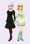  blonde_hair boots brown_footwear dress green_eyes green_footwear highres holding_hands legs lips multiple_girls original pantyhose purple_eyes purple_hair red_legwear ribbon short_hair soa standing 