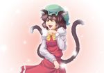  animal_ears brown_eyes brown_hair cat_ears cat_tail chen earrings hat jewelry multiple_tails nazal short_hair solo tail touhou 