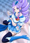  aono_miki arm_support blue_choker blue_footwear blue_skirt boots cellphone choker cure_berry eyelashes fresh_precure! hair_ornament heart heart_hair_ornament highres knee_boots long_hair magical_girl midriff momoiro_koume phone precure purple_eyes purple_hair sitting skirt smile solo thighhighs wariza zettai_ryouiki 