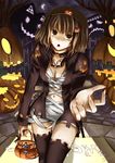  bandages brown_eyes brown_hair candy character_request costume food food_themed_hair_ornament hair_ornament halloween jack-o'-lantern mummy naked_ribbon original pumpkin pumpkin_hair_ornament ribbon short_hair sinzire solo thighhighs 