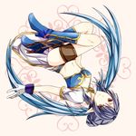  bad_id bad_pixiv_id blue_footwear blue_hair boots convenient_leg elf full_body gloves judith knee_boots long_hair midriff navel pointy_ears regina_rose smile solo tales_of_(series) tales_of_vesperia upside-down white_background 