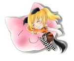  :3 animal_ears belt blonde_hair blush cat closed_eyes dog_ears dog_tail original pillow ponytail scarf shorts simple_background sleeping solo striped tail 