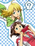  ? amami_haruka handheld_game_console headphones hoshii_miki idolmaster idolmaster_(classic) mori_(unknown.) multiple_girls playing_games playstation_portable product_placement sleeves_rolled_up track_suit 