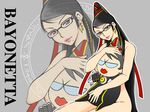  1girl 360kirimusume bayonetta bayonetta_(character) beauty_mark black_hair bodysuit doll earrings female glasses hair_bun jewelry kirimusume long_hair mole purple_eyes red_ribbon ribbon sitting solo violet_eyes 