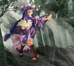  artist_request ayase_yue book boots bow braid cosplay crescent cross-laced_footwear forest hair_bow hat lace-up_boots look-alike mahou_sensei_negima! nature orbis_sensualium_pictus pactio patchouli_knowledge patchouli_knowledge_(cosplay) purple_eyes purple_hair serious solo touhou twin_braids 