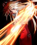  absurdres bow fire fujiwara_no_mokou grin hair_bow highres igashiko long_hair red_eyes smile solo suspenders touhou white_hair 