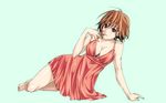  antenna_hair arm_support bare_shoulders barefoot breasts brown_eyes brown_hair cleavage dress finger_to_mouth full_body large_breasts legs lying meiji69 meiko on_side short_dress short_hair simple_background solo vocaloid wallpaper 