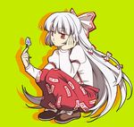  490 baggy_pants bow chin_rest flower fujiwara_no_mokou full_body green_background hair_bow hair_ribbon holding holding_flower juliet_sleeves long_hair long_sleeves pants puffy_sleeves red_eyes red_pants ribbon shirt shoes silver_hair simple_background solo squatting suspenders touhou tress_ribbon very_long_hair white_shirt 