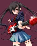  black_hair erizabesa foreshortening guitar highres instrument k-on! long_hair mouth_hold nakano_azusa neck_ribbon one_eye_closed plectrum red_eyes red_ribbon ribbon school_uniform solo twintails 