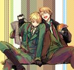  america_(hetalia) axis_powers_hetalia bad_id bad_pixiv_id belt blazer blonde_hair blue_eyes bomber_jacket boots closed_eyes digital_media_player food glasses gloves hamburger ipod jacket laughing lowres military military_uniform multiple_boys necktie newspaper sam_browne_belt uniform united_kingdom_(hetalia) 