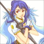  bad_id bad_pixiv_id blue_hair elf gloves judith k2s0921 lance long_hair lowres midriff navel pointy_ears polearm red_eyes smile solo tales_of_(series) tales_of_vesperia weapon white_background 