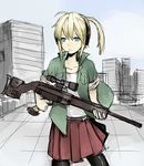  ahoge bad_id bad_pixiv_id blonde_hair blue_eyes ear_protection gun iris_(material_sniper) materia_candy material_sniper pantyhose ponytail psg-1 rifle rooftop scope sketch skirt sleeves_rolled_up sniper_rifle solo weapon 