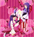  bad_id bad_pixiv_id bangs blue_hair blush bow breasts cat_tail chair closed_eyes collarbone dress floral_background flower foot_on_head frederica_bernkastel frills furudo_erika hair_ornament hand_on_another's_leg happy high-waist_skirt long_hair looking_at_another mary_janes multiple_girls open_mouth pantyhose pink_bow poka puffy_sleeves purple_eyes shoes sitting skirt smile tail twintails umineko_no_naku_koro_ni white_legwear 