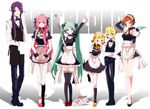  4girls alternate_costume blonde_hair blue_eyes bow bowtie brown_eyes brown_hair butler elbow_gloves enmaided food frills gloves green_eyes green_hair hair_ribbon hatsune_miku kagamine_len kagamine_rin kamui_gakupo kneehighs legs long_hair maid maid_headdress manyako_(mohumohu) megurine_luka meiko mop multiple_boys multiple_girls pink_hair popsicle purple_eyes purple_hair ribbon smile socks thighhighs towel tray twintails very_long_hair vocaloid wrist_cuffs zettai_ryouiki 