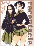  black_hair blazer breasts cleavage frown glasses green_legwear jacket kneehighs large_breasts lipstick long_hair makeup miniskirt mizuno_yuuki mole multiple_girls nail_polish necktie pantyhose pink_nails plaid receptacle_(manga) red_eyes school_uniform short_hair skirt smile socks sunglasses thighs white_legwear yellow_eyes 