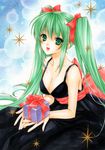  6kusa bad_id bad_pixiv_id black_dress bow breasts cleavage dress gift green_eyes green_hair hair_bow hatsune_miku holding holding_gift large_breasts long_hair smile solo traditional_media twintails vocaloid 