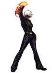  belt cross cross_necklace dark_skin dark_skinned_male fingerless_gloves fire gloves jewelry k' male_focus necklace official_art ogura_eisuke pyrokinesis robot_joints simple_background solo sunglasses the_king_of_fighters the_king_of_fighters_xiii white_hair 