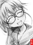  :d bespectacled charcoal_(medium) glasses gofu greyscale monochrome open_mouth ponytail school_uniform serafuku sketch smile solo spot_color taneshima_popura traditional_media working!! 